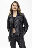 Kity Siyah Biker Motorcu Yandan Fermuarlı Kadın Hakiki Deri Mont