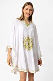 Beyaz Şile Bezi Yarasa Kollu İşlemeli Kısa Yazlık Astarsız Plaj Pamuklu Kaftan Elbise