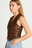 Hakiki Deri Kahverengi Kadın Yelek