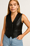 Hakiki Deri Siyah Kadın Yelek