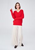 Peraluna V Yaka Bol Kesim Kaşmir Karışım Kadın Triko Kazak Kırmızı