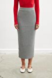 Peraluna Ribana Örgülü Kaşmir Karışımlı Yüksek Bel Kalem Kadın Triko Etek Gri Melanj
