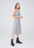 Peraluna Kloş Kesim Kaşmir Karışım Diz Altı Triko Etek Gri Melanj