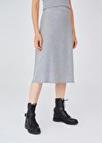 Peraluna Kloş Kesim Kaşmir Karışım Diz Altı Triko Etek Gri Melanj