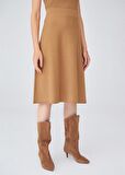 Peraluna Kloş Kesim Kaşmir Karışım Diz Altı Triko Etek Camel