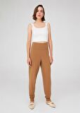 Peraluna Yüksek Bel Dar Paça Kaşmir Karışım Fit Kadın Triko Pantolon Camel