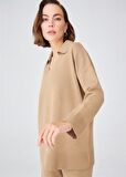 Peraluna Polo V Yaka Bol Kesim Kadın Triko Kazak Camel Melanj