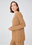 Peraluna Yırtmaçlı Bol Kesim Kaşmir Karışım Kadın Triko Kazak Camel