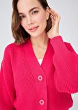 Peraluna Selanik Örgü %100 Pamuk V Yaka Kalın Hırka Azalea Pink