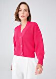 Peraluna Selanik Örgü %100 Pamuk V Yaka Kalın Hırka Azalea Pink