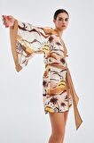 Peraluna SAHRA KIMONO Güneş Desenli 90 CM Şifon Yazlık Kadın Kimono Kahve/Bej
