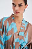 Peraluna KALİNDA KIMONO Desenli 90 CM Saten Yazlık Kadın Kimono Turkuaz/Kahve