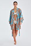 Peraluna KALİNDA KIMONO Desenli 90 CM Saten Yazlık Kadın Kimono Turkuaz/Kahve