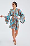 Peraluna KALİNDA KIMONO Desenli 90 CM Saten Yazlık Kadın Kimono Turkuaz/Kahve