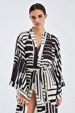 Peraluna HANITA Geometrik Desenli 120 CM Saten Yazlık Kadın Kimono Siyah/Ekru