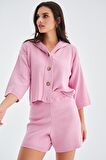Peraluna MUJO CARDIGAN & SHORTS %100 Pamuk Kadın Triko Şort Takım Şeker Pembe