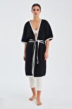 Peraluna SOHO Kısa Kollu %100 Pamuk Kadın Triko Kimono Siyah/Ekru