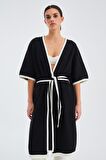 Peraluna SOHO Kısa Kollu %100 Pamuk Kadın Triko Kimono Siyah/Ekru