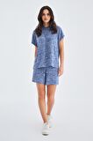 Peraluna KAIRA BLOUSE & SHORTS Kapüşonlu Yazlık Kadın Triko Şort Takım İndigo Melanj