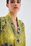 Peraluna AURA Geometrik Desenli Diz Hizası Saten Kadın Kimono Sarı/Mavi