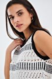 Peraluna KIYO BLOUSE Püskül Detaylı Kolsuz Yazlık Kadın Triko Bluz Ekru/Siyah