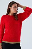 Peraluna DE VILLE PULLOVER Kol ve Etek Ucu Simli Kadın Triko Kazak Kırmızı