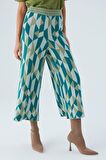 Peraluna LENA TROUSER %100 Pamuk Geometrik Retro Desenli Kadın Triko Pantolon Multi Yeşil