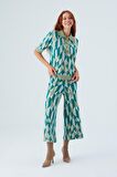 Peraluna LENA TROUSER %100 Pamuk Geometrik Retro Desenli Kadın Triko Pantolon Multi Yeşil