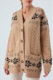 Peraluna IVORY CARDIGAN Jakarlı Cepli Uzun Kadın Triko Hırka Camel