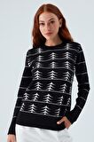 Peraluna GEMINI PULLOVER Ağaç Desenli Standart Kesim Kadın Triko Kazak Siyah/Ekru