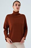 Peraluna Balıkçı Yaka Boğazlı Bol Kesim Kadın Triko Kazak Kahve