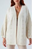 Peraluna LULU CARDIGAN Simli Kar Tanesi Desenli Uzun Kadın Triko Hırka Ekru