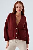 Peraluna CAROL CARDIGAN Cepli Düğmeli Rahat Kesim Crop Kadın Triko Hırka Bordo