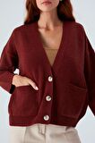 Peraluna CAROL CARDIGAN Cepli Düğmeli Rahat Kesim Crop Kadın Triko Hırka Bordo