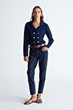 Styleboom X Peraluna KATHY BLAZER Çelik Örgü Crop Kruvaze Blazer Kadın Triko Ceket Lacivert