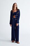 Styleboom X Peraluna KATHERINE BLAZER Çelik Örgü Klasik Kesim Düğmeli Blazer Kadın Triko Ceket Lacivert