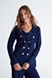 Styleboom X Peraluna KATHERINE BLAZER Çelik Örgü Klasik Kesim Düğmeli Blazer Kadın Triko Ceket Lacivert