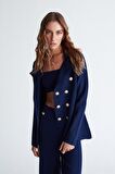 Styleboom X Peraluna KATHERINE BLAZER Çelik Örgü Klasik Kesim Düğmeli Blazer Kadın Triko Ceket Lacivert