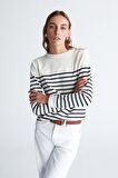 Styleboom X Peraluna AUDREY PULLOVER Omzu Düğmeli Çizgili Organik Pamuk Mevsimlik Kadın Triko Kazak Ekru/Lacivert