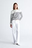 Styleboom X Peraluna AUDREY PULLOVER Omzu Düğmeli Çizgili Organik Pamuk Mevsimlik Kadın Triko Kazak Ekru/Lacivert