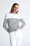 Styleboom X Peraluna AUDREY PULLOVER Omzu Düğmeli Çizgili Organik Pamuk Mevsimlik Kadın Triko Kazak Ekru/Lacivert