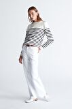 Styleboom X Peraluna AUDREY PULLOVER Omzu Düğmeli Çizgili Organik Pamuk Mevsimlik Kadın Triko Kazak Ekru/Lacivert