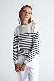 Styleboom X Peraluna AUDREY PULLOVER Omzu Düğmeli Çizgili Organik Pamuk Mevsimlik Kadın Triko Kazak Ekru/Lacivert