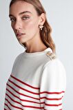 Styleboom X Peraluna AUDREY PULLOVER Omzu Düğmeli Çizgili Organik Pamuk Mevsimlik Kadın Triko Kazak Ekru/Kırmızı