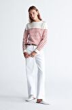 Styleboom X Peraluna AUDREY PULLOVER Omzu Düğmeli Çizgili Organik Pamuk Mevsimlik Kadın Triko Kazak Ekru/Kırmızı