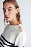 Styleboom X Peraluna BARDOT PULLOVER Omzu Düğmeli Çizgili Organik Pamuk Mevsimlik Kadın Triko Kazak Ekru/Lacivert