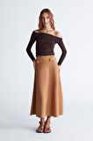 Styleboom X Peraluna VIVIEN SKIRT Düğme Detaylı Diz Altı Kloş Kadın Triko Etek Camel