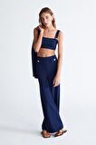 Styleboom X Peraluna MARLENE TROUSER Düğme Detaylı Rahat Kesim Kadın Triko Pantolon Lacivert