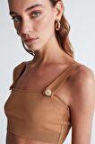 Styleboom X Peraluna ELIZABETH BRALET Düğme Detaylı Askılı Kadın Triko Bralet Camel