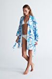Peraluna AZUL KİMONO Çiçekli Dalga Desen 84 CM Mini Boy Kadın Kimono Mavi